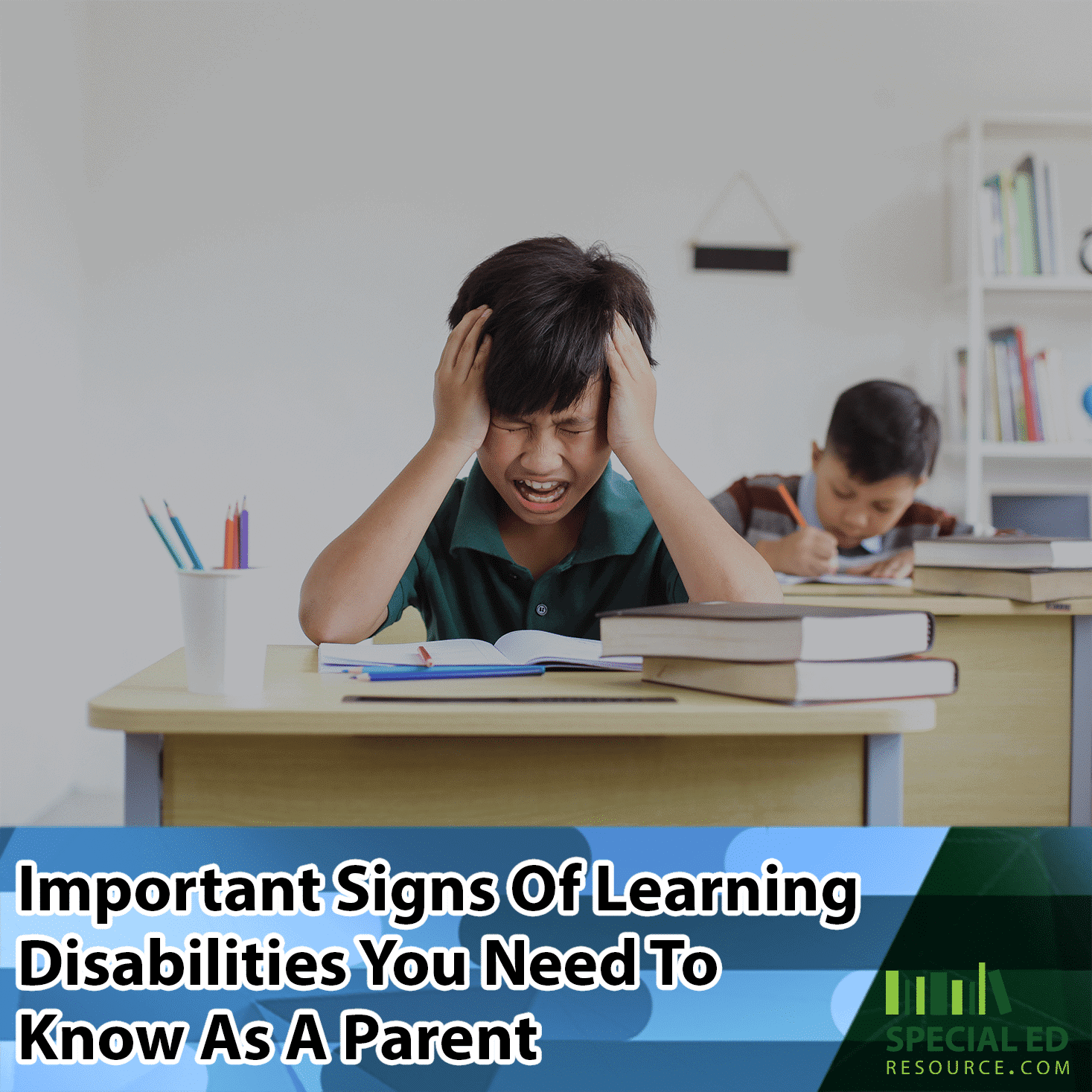 Frustrated child in the classroom at school showing signs of learning disabilities.