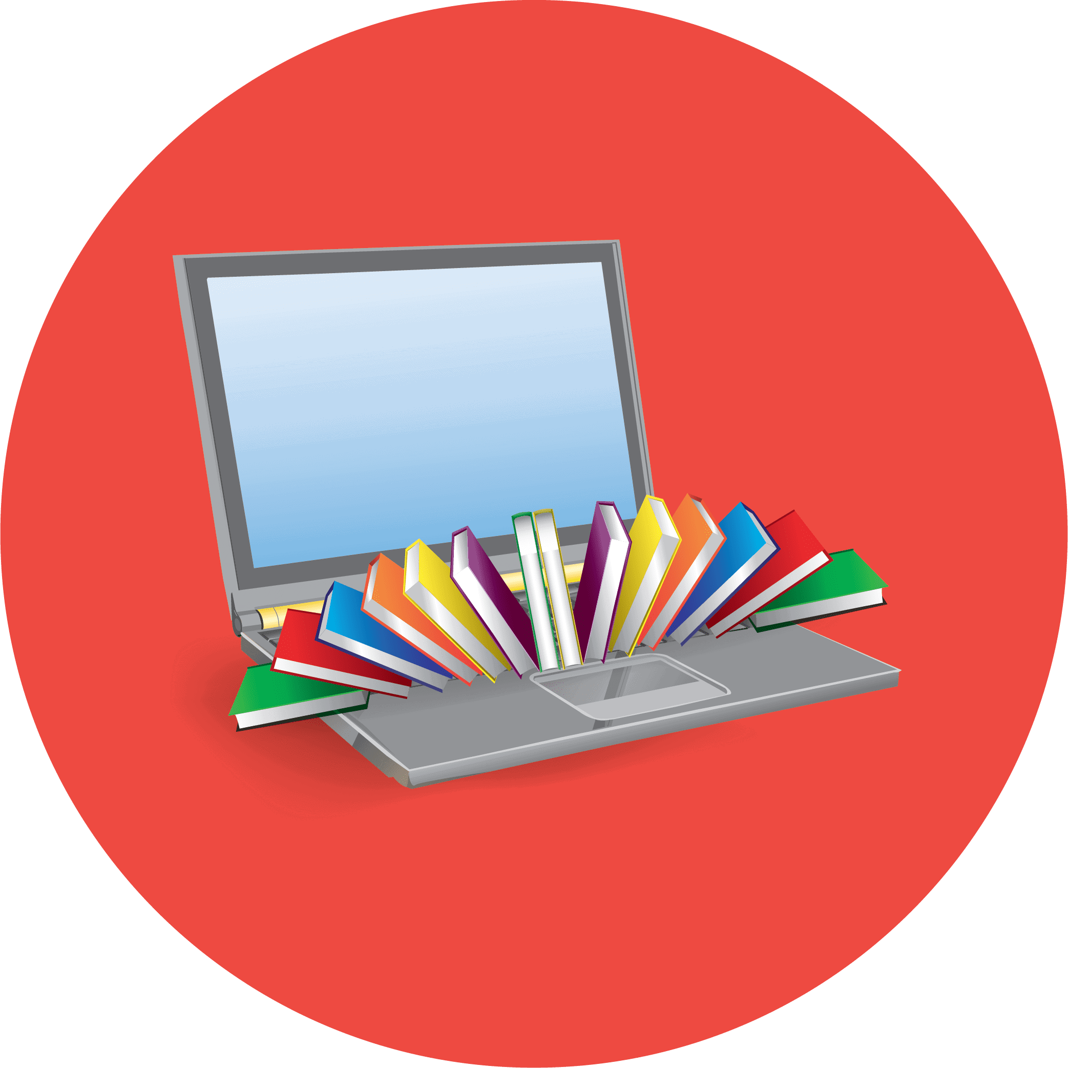 Rounded Stack of Book and Laptop with Red Background