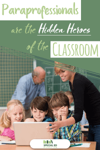 3 students sitting around a computer getting support from their paraprofessionals in their classroom at school.
