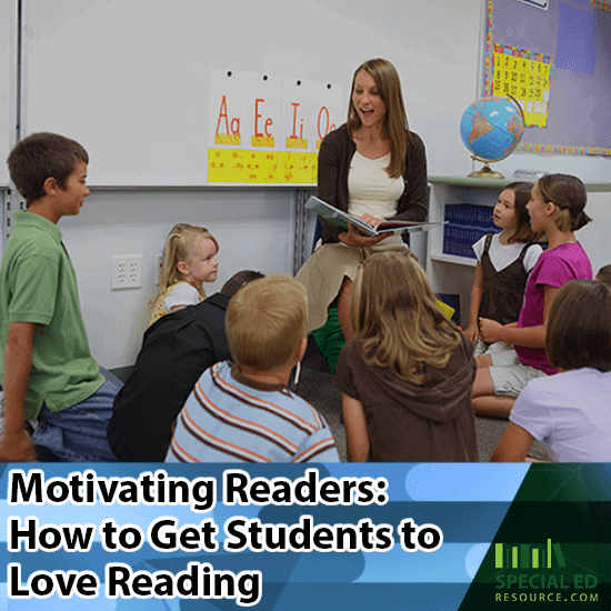 Teacher motivating readers in the front of her classroom sitting in a chair surrounded by her students on the carpet.