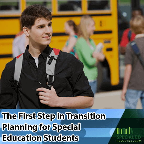 Young man with backpack standing in front of other high school students getting off a school bus from taking the first step in transition planning for special education students.