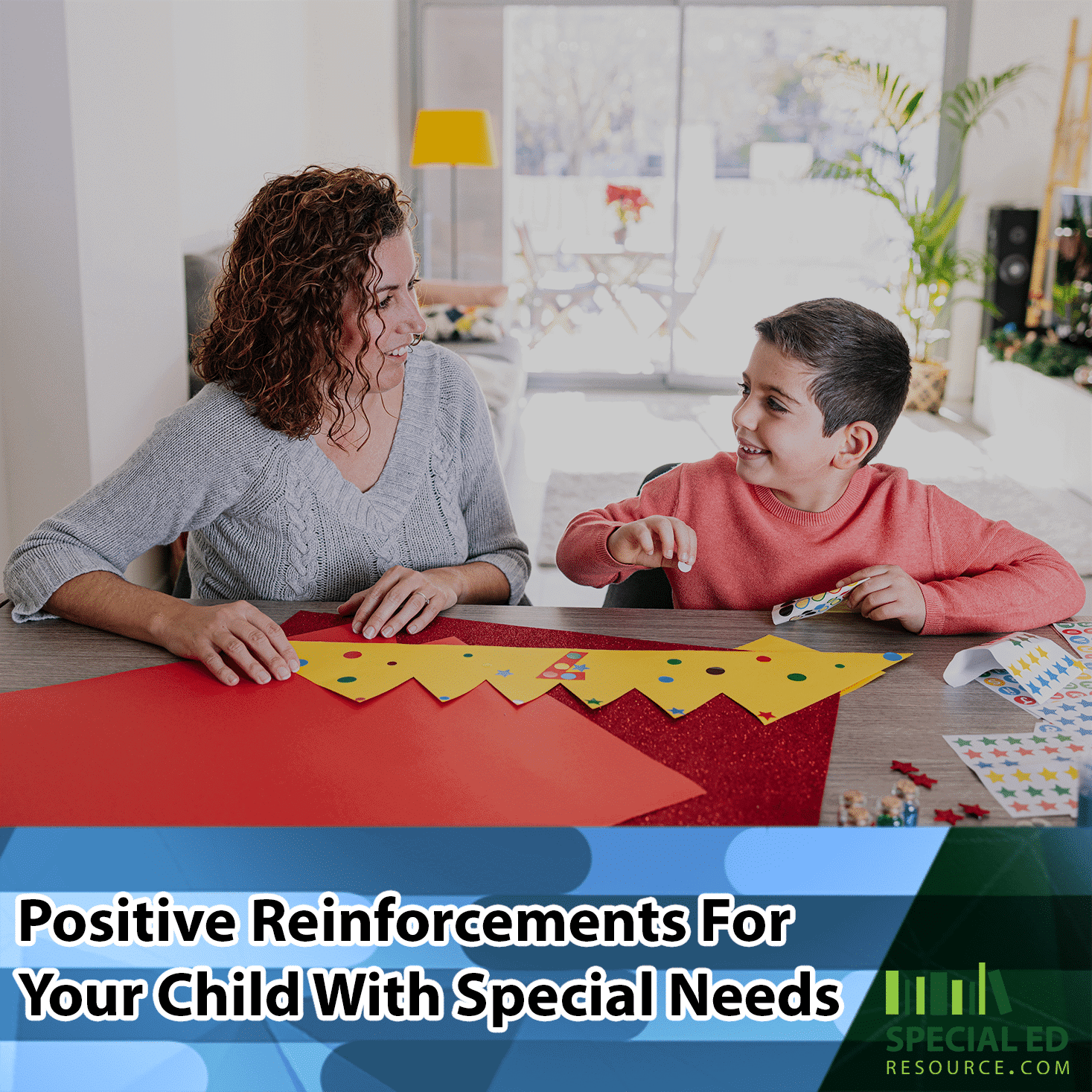 Mom using positive reinforcements with her special needs son.