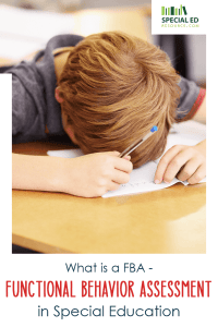 A young boy with light brown hair and a gray shirt sits at a classroom desk with his head down, holding a pen above a sheet of paper. The background is blurred, showing other desks and classroom materials. At the top right corner, there is a 'Special Ed Resource' logo. Below the image, text reads: 'What is a FBA - FUNCTIONAL BEHAVIOR ASSESSMENT in Special Education.' 
