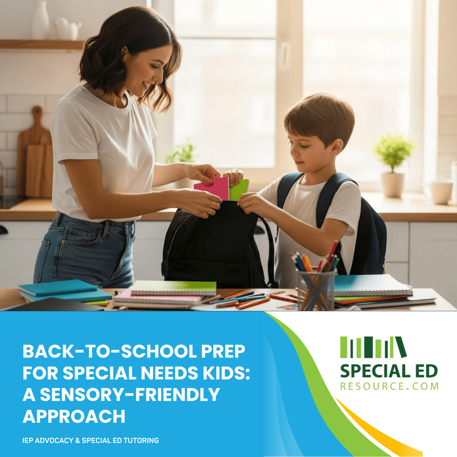 Child using a visual schedule to get ready for the first day of school with sensory tools nearby