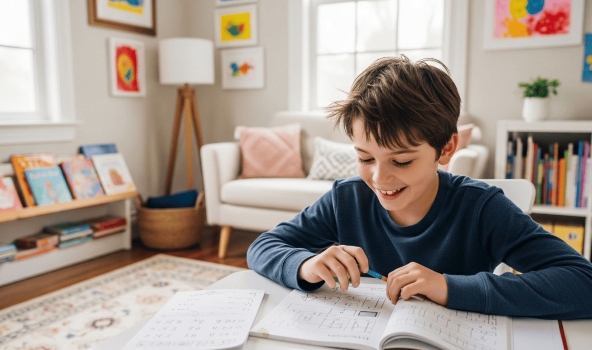 Parent supporting autistic child with structured homeschool learning plan