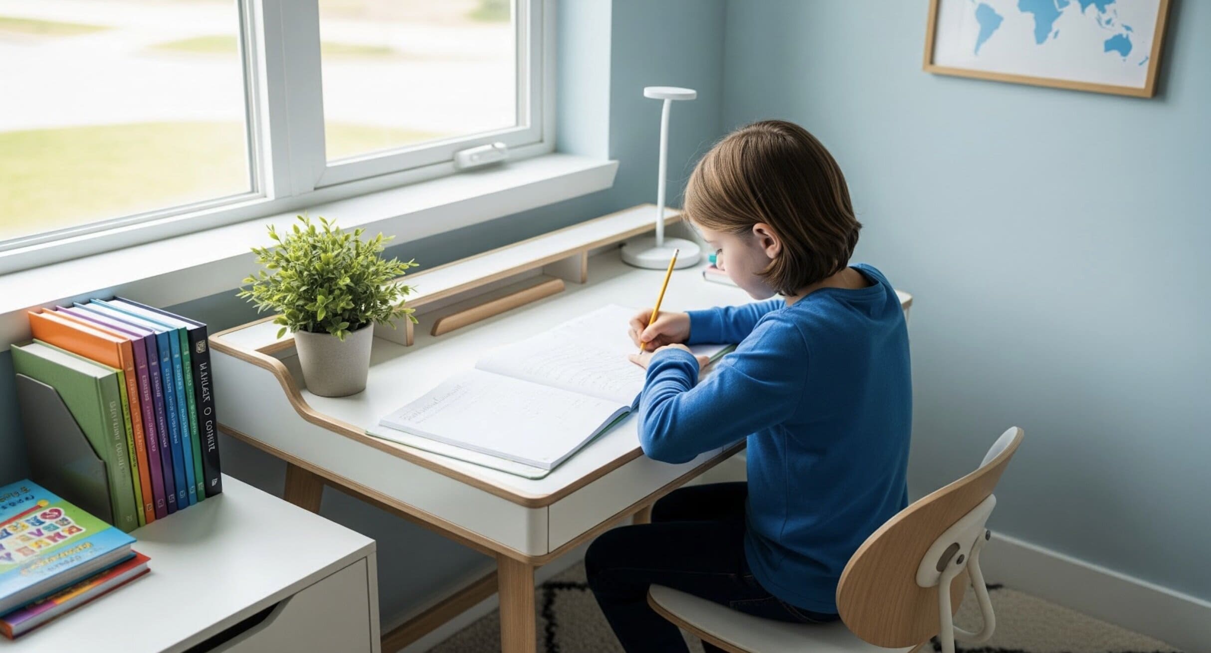 Parent teaching autistic child at home in peaceful homeschool setting