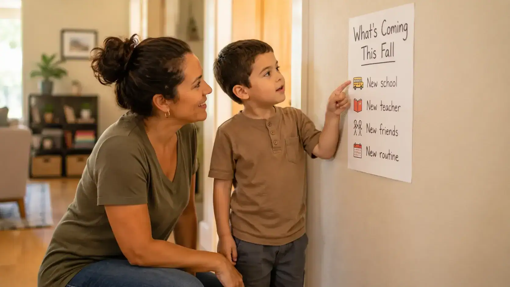 Parent and child with special needs sitting together at a table reviewing a visual schedule to prepare for school transition
