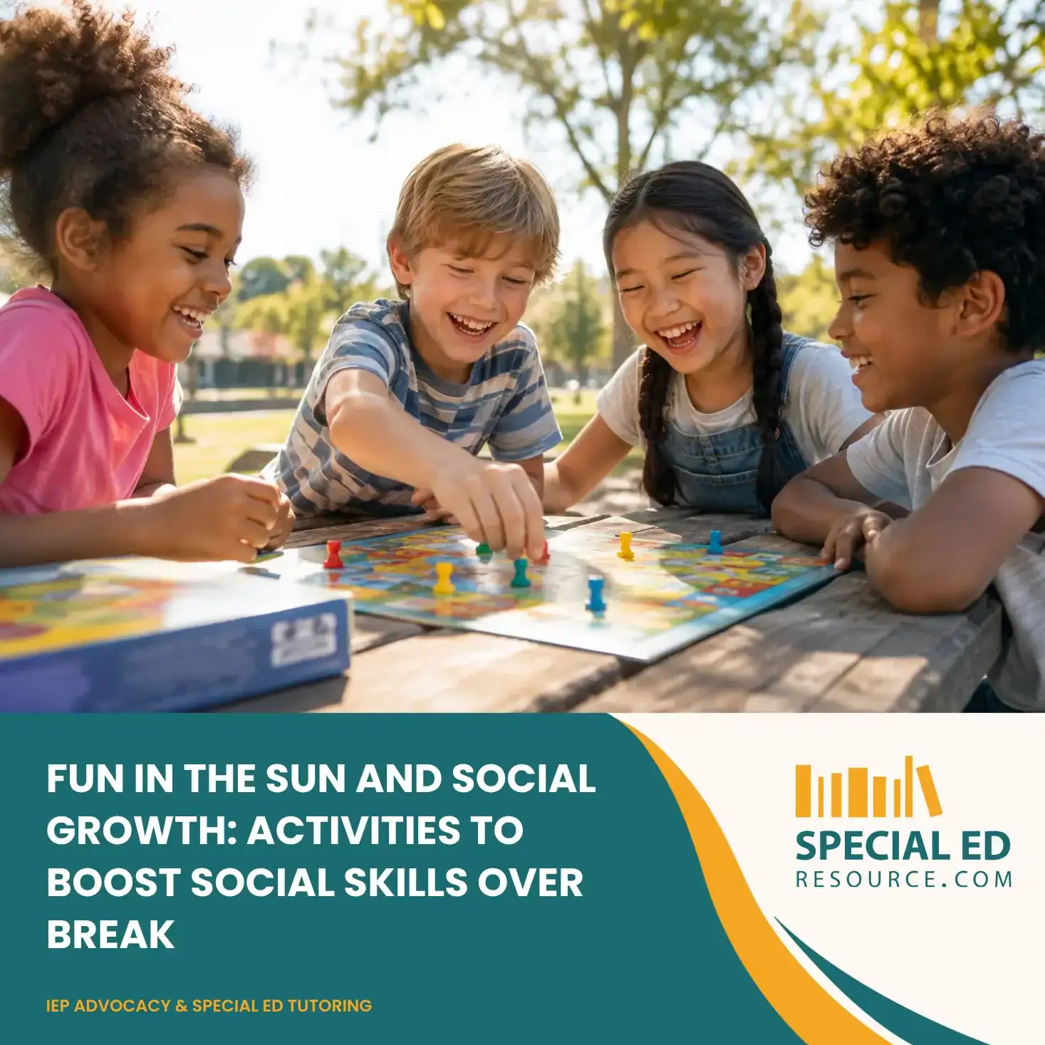 A group of children with diverse learning needs laughing and playing together outdoors during summer break