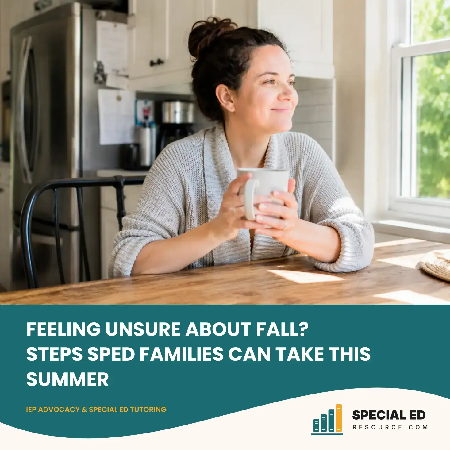 Parent and child reviewing school documents together at a kitchen table in summer
