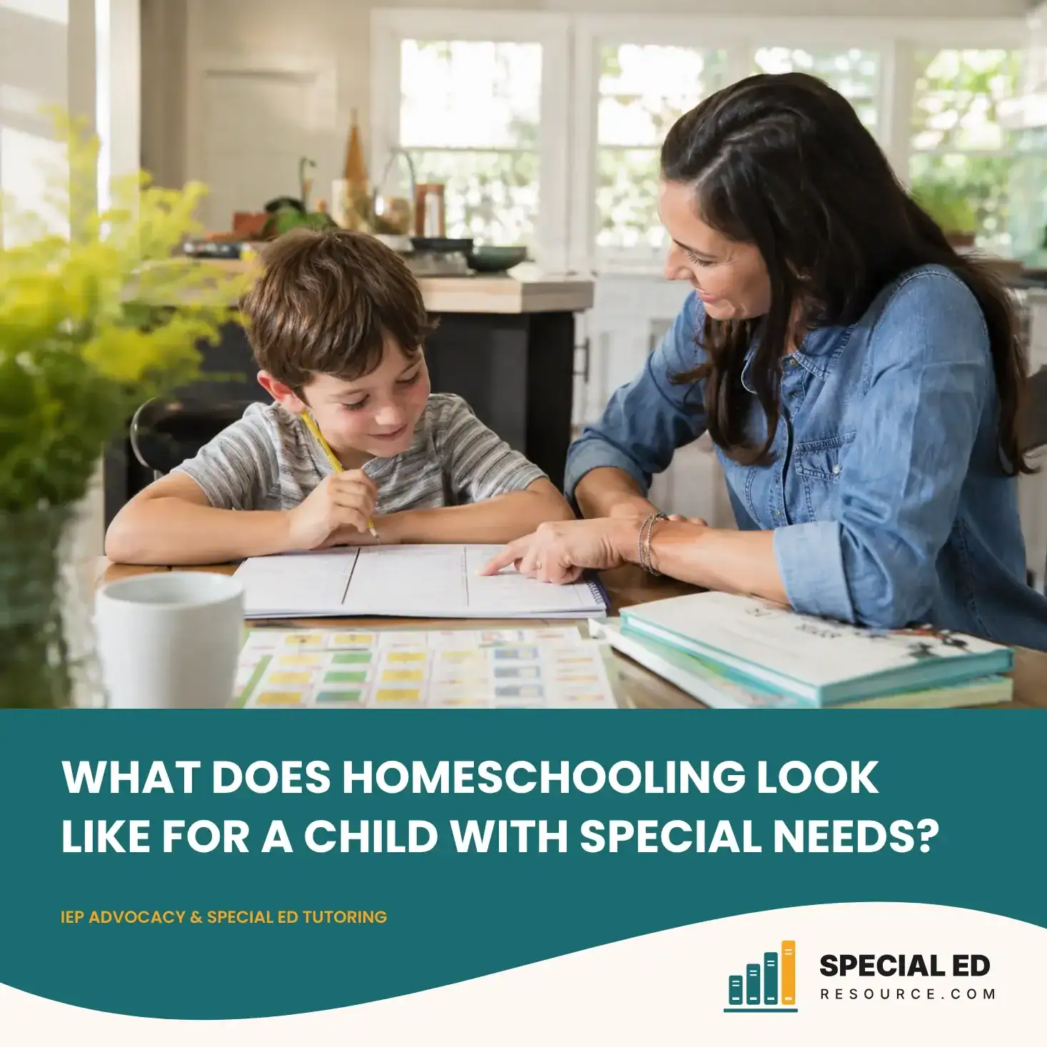 Parent and special needs child doing homeschool lesson together at kitchen table