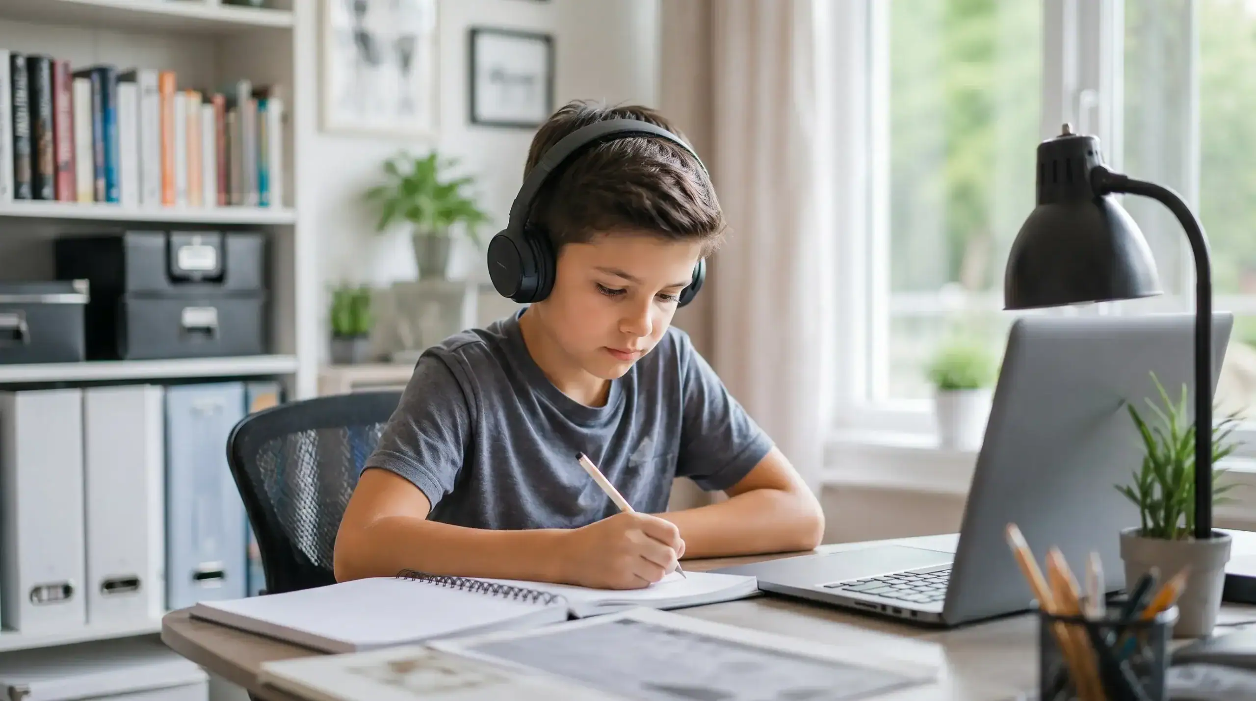 Parent and special needs child doing homeschool lesson together at kitchen table