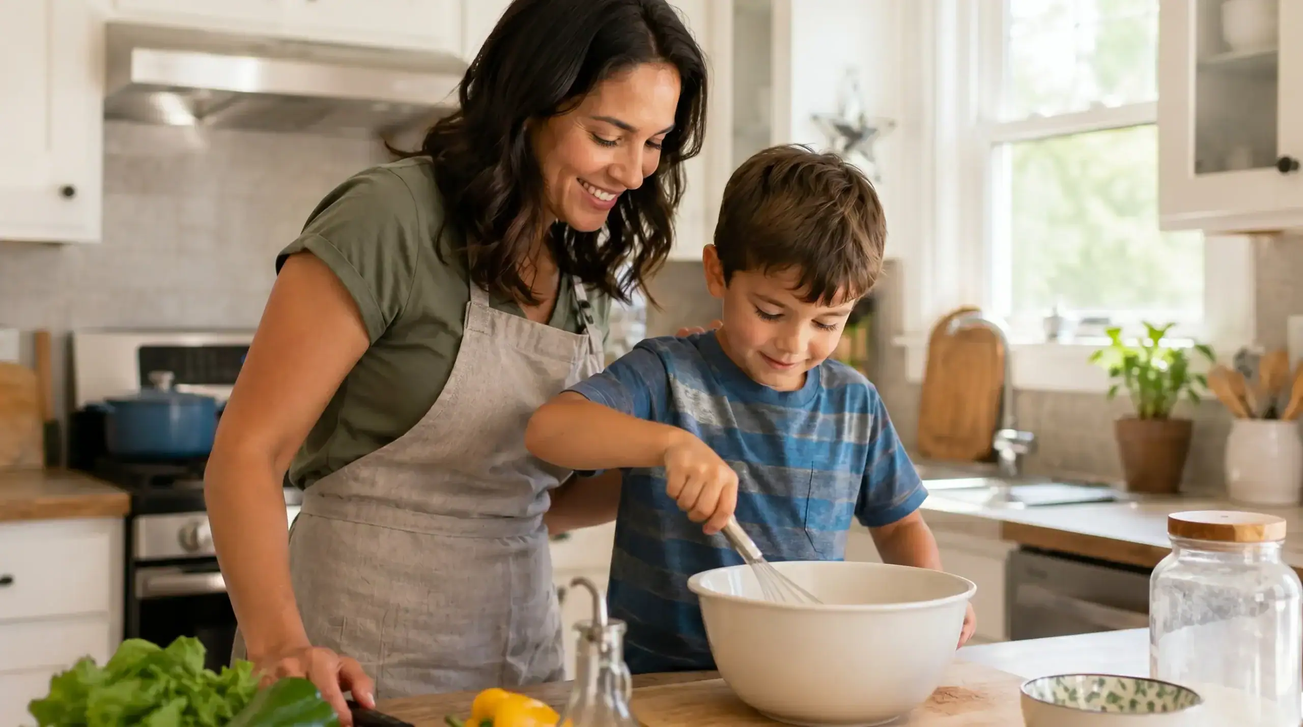 Parent and special needs child doing homeschool lesson together at kitchen table