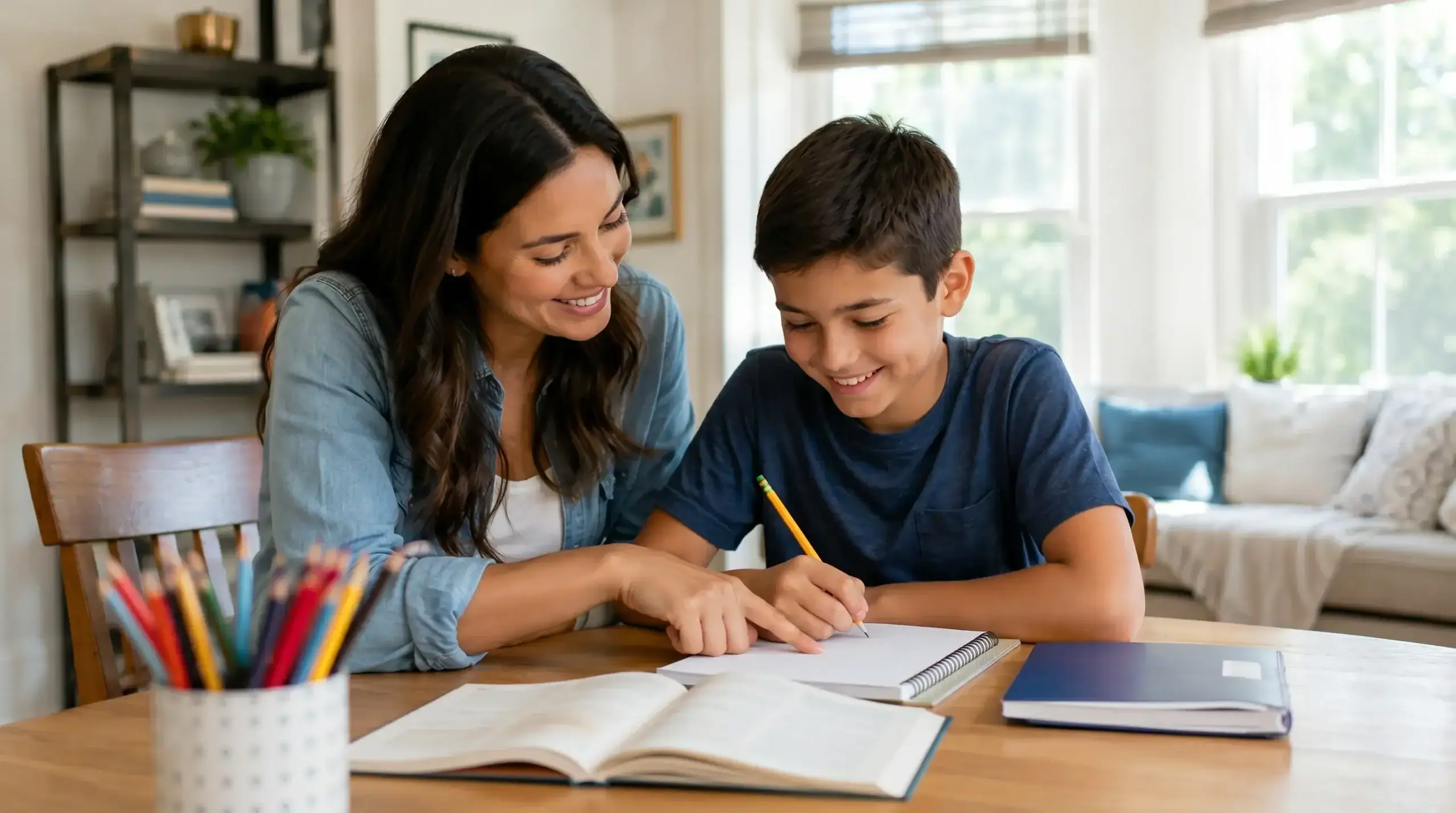 Parent and special needs child doing homeschool lesson together at kitchen table